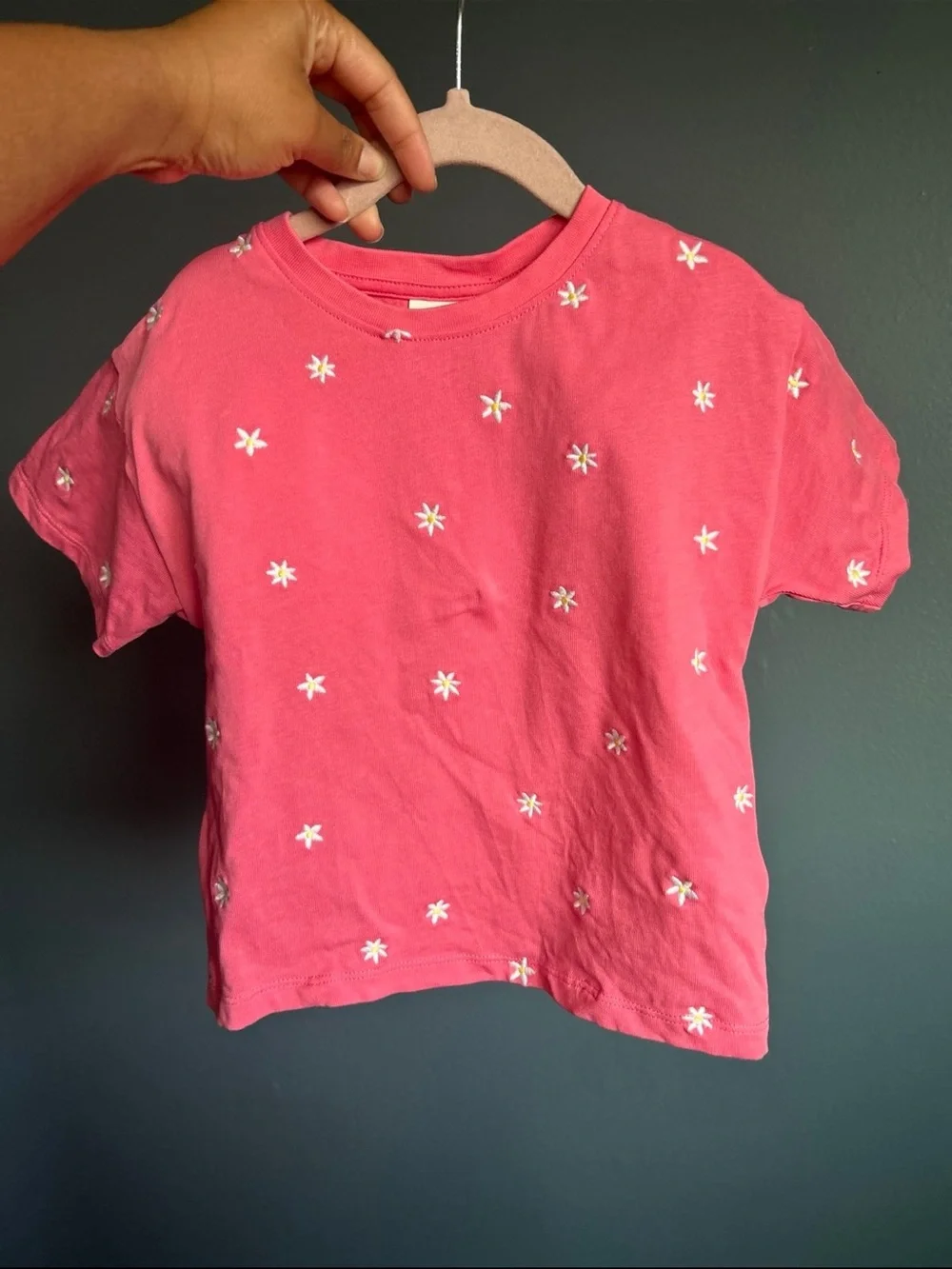 Zara Coral Pink Short-Sleeve Tee with Daisy Embroidery